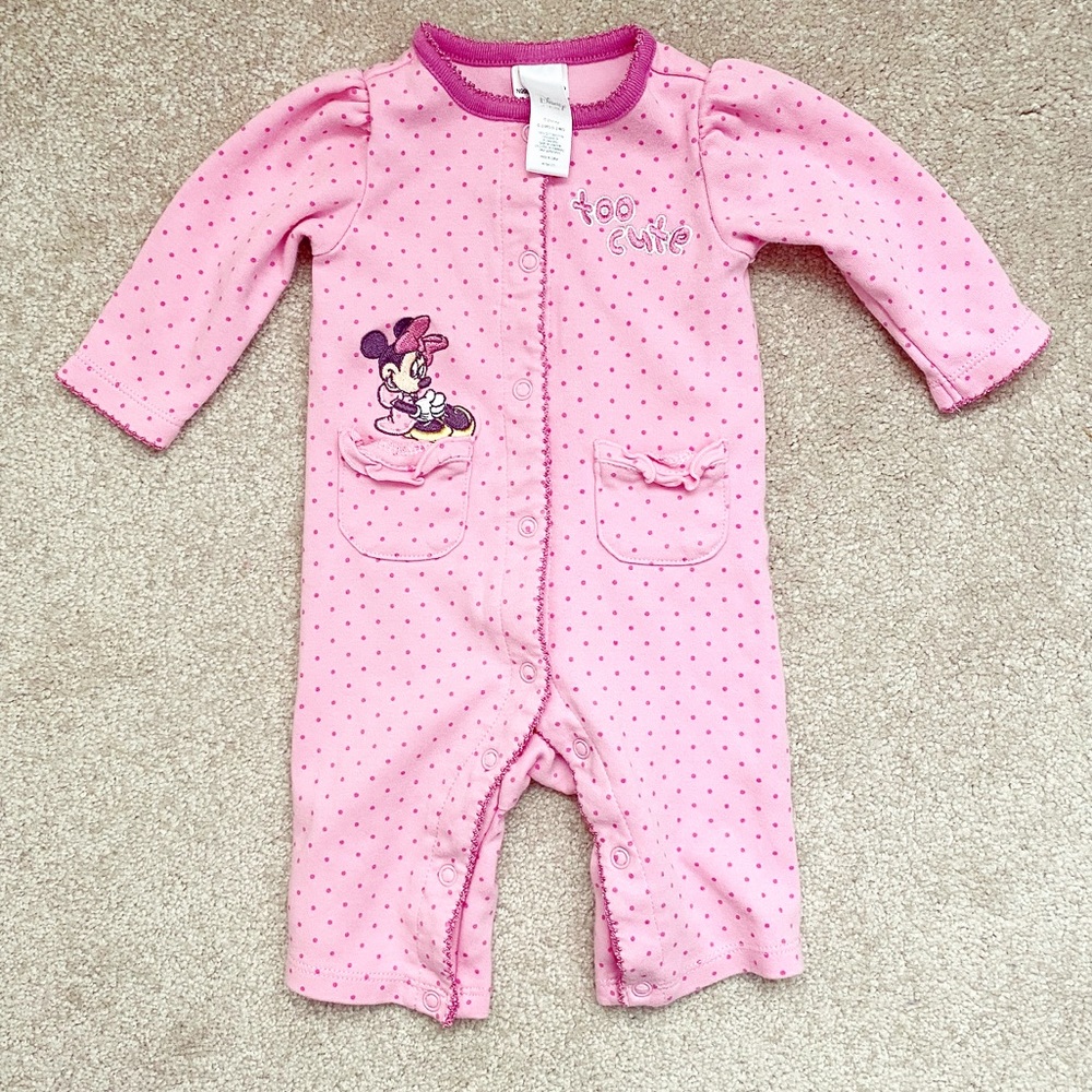 Pink polka dot ruffled Minnie Mouse coveralls - Picture 1 of 6